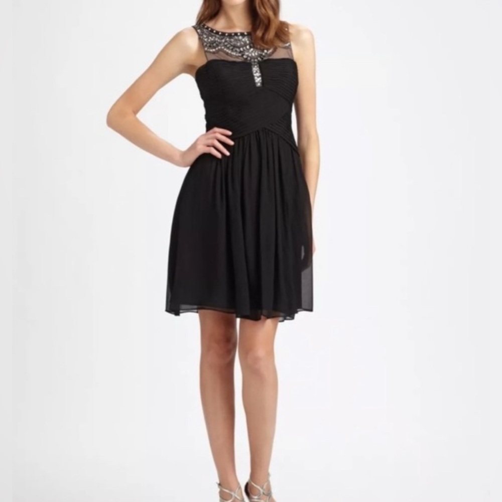BCBGMaxAzria Julissa Black Silk Mini Dress w/Gold Embellishments Size 6